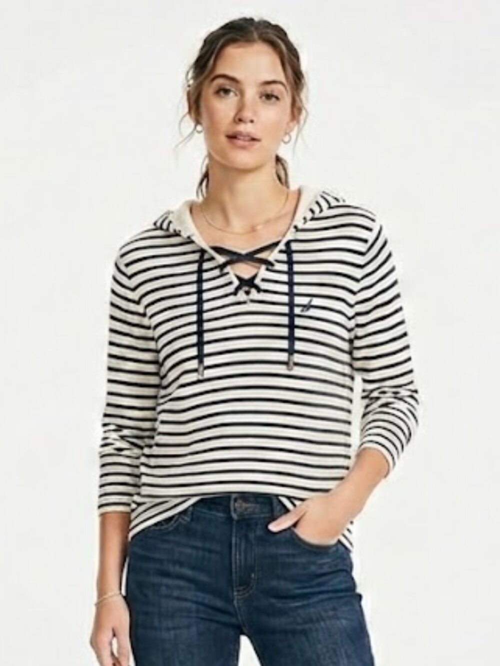Nautica Unisex Striped Knit Lace Up Hoodie Sweater Long Sleeve Cream Navy Large